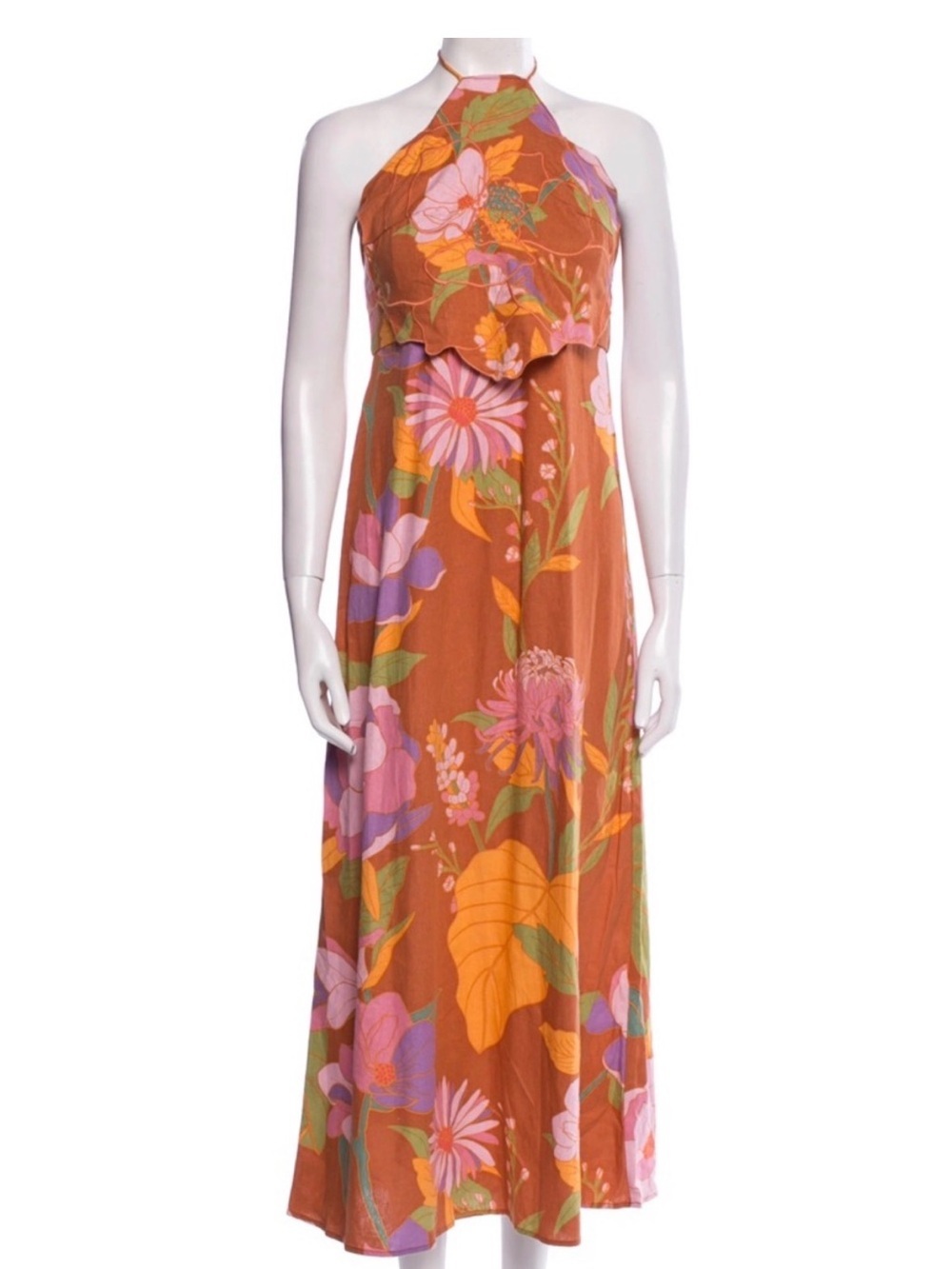 Caroline Constas Rust Floral Halter Maxi Dress with Pink & Orange Blooms NWT